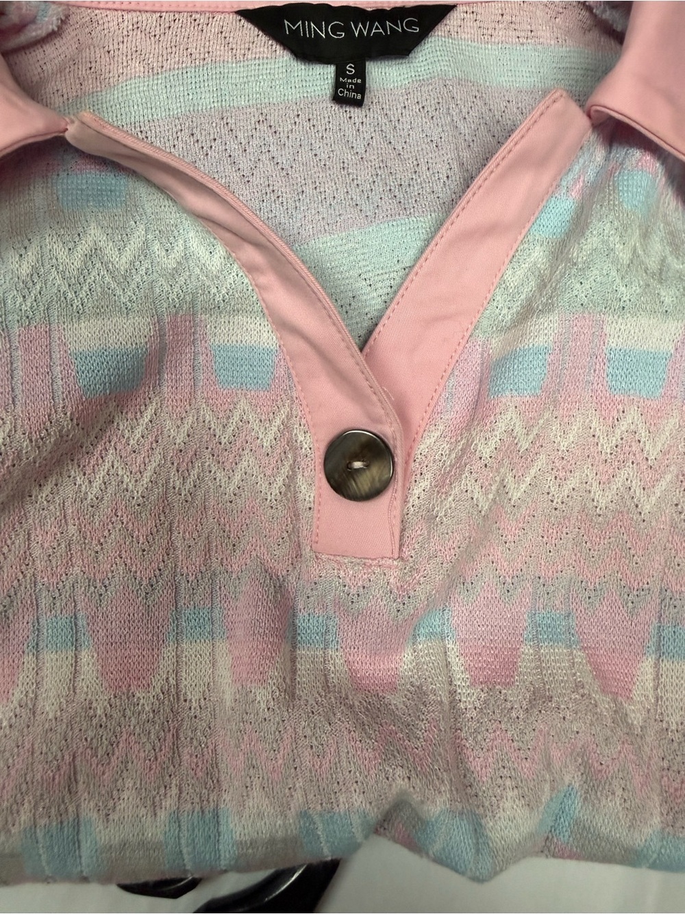 Ming Wang Pink Collared Knit Top with Mint and Cream Accents Small - Picture 7 of 8